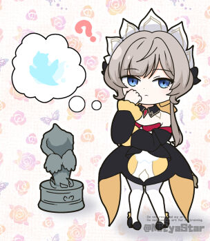 1girl ? blue_eyes chibi closed_mouth commentary_request genshin_impact grey_hair mitya sandrone_(genshin_impact) seelie_(genshin_impact) solo speech_bubble thought_bubble twintails twitter_username watermark