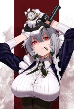 1girl arms_up bow braid breasts buttons collared_shirt commentary_request gloves green_bow greenkohgen grey_hair gun hair_between_eyes hair_bow handgun highres holding holding_gun holding_weapon izayoi_sakuya large_breasts long_hair long_sleeves looking_at_viewer pocket_watch red_eyes shell_casing shirt touhou twin_braids watch weapon white_gloves white_shirt