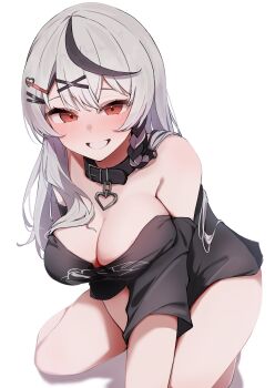 1girl alternate_costume areola_slip black_shirt black_streaks blush bottomless braid breasts charm_(object) cleavage collar commentary_request grey_hair hair_ornament hairpin heart-shaped_charm highres hololive kneeling long_hair looking_at_viewer multicolored_hair off_shoulder reaching reaching_towards_viewer red_eyes sakamata_chloe shirt side_braid simple_background single_braid single_hair_streak smile solo streaked_hair virtual_youtuber white_background x_hair_ornament yamaki_(yamaki801)