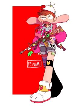 1boy alternate_costume animal_bag artist_name backpack bag baseball_cap black_eyes border brown_hair charm_(object) choker commentary_request cute_weapon drawstring eddsworld full_body fun_dead_kid_(eddsworld) grey_shorts gun hat highres holding holding_gun holding_weapon hood hood_down hoodie jacket jitome korean_commentary lollipop_in_mouth long_sleeves male_focus open_clothes open_jacket p-nim paw_shoes pink_jacket red_background shoes short_hair shorts simple_background single_thighhigh solo standing sticker striped_clothes striped_thighhighs thighhighs uneven_eyes walking weapon weapon_charm white_border white_hat white_hoodie white_shoes