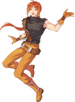 1boy :d ahoge artist_request belt belt_buckle black_shirt brown_belt buckle buttons covered_pectorals full_body gloves large_belt long_hair looking_to_the_side loose_belt male_focus midair muscular muscular_male nexon no_midriff official_art open_mouth orange_gloves orange_hair orange_pants orange_shoes pants pectorals ponytail second-party_source shin_guards shirt shoes shoulder_belt sidelocks simple_background sivelin_uuo sleeveless sleeveless_shirt smile solo tales_weaver tongue torn_clothes torn_gloves torn_shirt transparent_background warm_colored yellow_eyes
