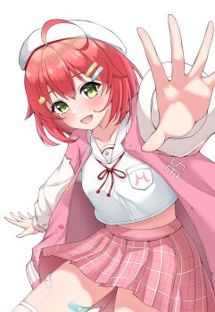 1girl ahoge bandaid bandaid_hair_ornament beret blush cat_hair_ornament commentary_request green_eyes hair_ornament hairclip hat highres hololive jacket looking_at_viewer official_alternate_costume open_clothes open_jacket open_mouth pink_hair pink_skirt plaid_clothes plaid_skirt reaching reaching_towards_viewer sailor_collar sakura_miko sakura_miko_(school_uniform) school_uniform shirt skirt solo virtual_youtuber white_background white_hat white_sailor_collar white_shirt yamichi_(yamichi8369)