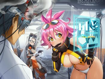 1boy 2girls :< action_taimanin asahi bdsm bent_over blush breasts cleavage_cutout clothing_cutout curvy elbow_gloves eyewear_on_head fuuma_kotarou_(taimanin_series) game_cg gloves huge_breasts indoors interrogation lilith-soft looking_at_viewer medium_breasts mekamura_uraru multiple_girls navel neon_lights official_art open_mouth pink_hair rene_(taimanin_asagi) revealing_clothes shiny_skin short_hair sweat taimanin_(series) thong wide_hips yellow_eyes
