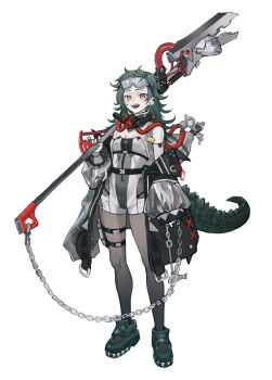 1girl arm_at_side black_coat breasts chain cleavage coat colored_skin crocodile_girl crocodilian_tail crocs detached_collar detached_sleeves dinosaur_tail ear_piercing eyewear_on_head fish flipped_hair full_body gradient_pantyhose green_hair green_shoes green_tail grey_overalls grey_pantyhose hand_up happy highres holding holding_weapon looking_at_viewer mask_pull multiple_thigh_straps nail_polish off_shoulder open_clothes open_coat open_mouth original overall_shorts overalls oxygen_tank pantyhose piercing pressure_gauge sharp_teeth shoes simple_background small_breasts standing tachi-e tail teeth thigh_strap toga_(toganawa) upper_teeth_only weapon white_background white_skin yellow_eyes
