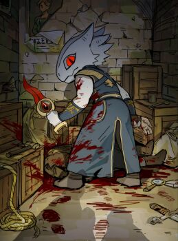 1boy alley back_alley baldur's_gate baldur's_gate_3 barrel blood blood_on_arm blood_on_clothes blue_robe brick_wall chibi chibi_only colored_skin crate dagger dismemberment dragon_boy dragon_horns dragonborn_(d&amp;d) dungeons_&amp;_dragons dungeons_&amp;_dragons furry furry_male glowing glowing_eye hammer highres holding holding_dagger holding_knife holding_limb holding_weapon horns knife looking_at_viewer magnifying_glass male_focus murder outdoors poster_(object) red_eyes robe rope sack severed_arm severed_limb shadow slit_pupils solo standing the_dark_urge_(baldur's_gate) weapon white_skin yy20251111