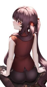 1boy 1girl absurdres aether_(genshin_impact) ass bare_shoulders black_nails black_shorts blush brown_hair commentary_request flower flower-shaped_pupils from_behind genshin_impact half-closed_eyes highres hu_tao_(genshin_impact) jewelry long_hair looking_at_viewer looking_back multiple_rings neit_ni_sei red_eyes ring seductive_gaze shorts sitting sitting_on_lap sitting_on_person sweatdrop symbol-shaped_pupils teasing twintails very_long_hair white_background