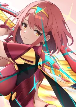 1girl aegis_sword_(xenoblade) back backless_outfit bob_cut breasts chest_jewel earrings fingerless_gloves floating_earrings g-string gloves holding holding_sword holding_weapon impossible_clothes jewelry large_breasts pyra_(xenoblade) red_eyes red_hair rojiko_(275026) short_hair short_sleeves skindentation solo swept_bangs sword thong tiara upper_body weapon xenoblade_chronicles_(series) xenoblade_chronicles_2