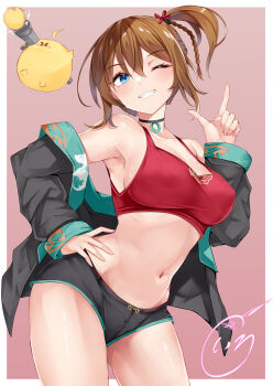 1girl ;d azur_lane bare_shoulders black_jacket black_panties black_shorts blue_eyes blush breasts brown_hair cleavage clothes_pull covered_erect_nipples crop_top finger_gun grin hair_between_eyes hand_on_own_hip hand_up happy highres irohara jacket jacket_pull leaning_to_the_side medium_breasts micro_shorts navel no_bra off_shoulder one_eye_closed open_clothes open_jacket open_mouth panties red_tank_top repulse_(azur_lane) repulse_(dance_of_spring_blooms)_(azur_lane) short_hair shorts sideboob sleeveless smile solo standing stomach tank_top thighs underwear