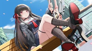 1girl absurdres bench black_hair blush chisa_(wuthering_waves) crossed_legs highres lemon_kele long_hair looking_at_viewer parted_lips red_eyes shoe_dangle sitting socks wuthering_waves