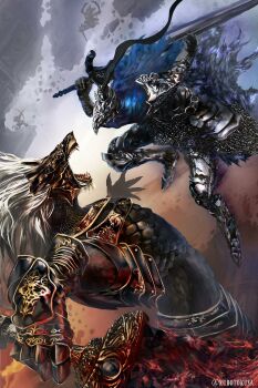 5boys absurdres armor arrow_(projectile) battle bow_(weapon) company_connection crumbling dark_souls_(series) dark_souls_i dragon_slayer_ornstein dual_wielding elden_ring fromsoftware great_grey_wolf_sif hawkeye_gough highres holding kurotokusa maliketh_the_black_blade mouth_hold multiple_boys starscourge_radahn sword weapon wolf