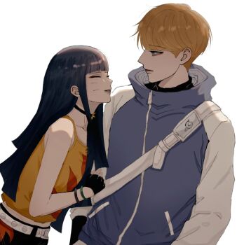 1boy 1girl black_choker black_hair blonde_hair blue_eyes boruto:_two_blue_vortex bracelet camisole choker closed_eyes facial_mark fingerless_gloves gloves height_difference ifevilwhyuhot jacket jewelry long_hair multicolored_jacket naruto_(series) smile turtleneck two-tone_jacket uzumaki_himawari whisker_markings yamanaka_inojin yellow_camisole
