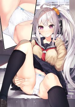 Rule 34 | 1girl, absurdres, black socks, blouse, bow, bow panties, breasts, brown footwear, closed mouth, cut-in, hair ornament, hair scrunchie, hand on own thigh, hand up, highres, knee up, kneehighs, loafers, long hair, looking at viewer, medium breasts, multiple views, neckerchief, orange scrunchie, original, panties, pink eyes, pleated skirt, red neckerchief, sailor collar, school uniform, scrunchie, serafuku, shirono mirai, shirt, shoes, side ponytail, sitting, skirt, socks, underwear, white hair, white panties, zero (miraichizu)