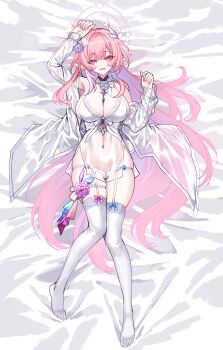 1girl absurdres alternate_costume arm_up bare_shoulders breasts cleavage commentary cyrene_(honkai:_star_rail) cyrene_(ripples_of_past_reverie)_(honkai:_star_rail) diamond-shaped_pupils diamond_(shape) earrings feet flower garter_straps hair_flower hair_ornament hand_up highres honkai:_star_rail honkai_(series) jewelry kyundoo large_breasts long_hair long_pointy_ears looking_at_viewer lying nail_polish navel no_shoes off_shoulder on_back open_clothes open_mouth open_shirt panties pink_hair pink_nails pointy_ears purple_eyes purple_flower purple_rose rose shirt skindentation smile solo stomach symbol-only_commentary symbol-shaped_pupils thighhighs thighs toes underwear very_long_hair white_garter_straps white_panties white_shirt white_thighhighs
