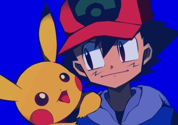 1boy absurdres ash_ketchum baseball_cap black_hair blue_background closed_mouth commentary_request gen_1_pokemon hat highres hood hood_down male_focus nintendo on_shoulder open_mouth ottoyamaotoko8 pikachu pokemon pokemon_(anime) pokemon_(creature) pokemon_on_shoulder pokemon_rse_(anime) red_hat short_hair simple_background smile