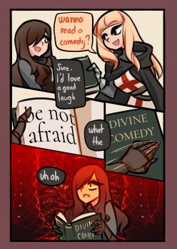 2girls absurdres blonde_hair book brown_hair centurii-chan english_text gauntlets hair_over_one_eye highres holding holding_book long_hair multicolored_hair multiple_girls open_book open_mouth original red_hair smile speech_bubble streaked_hair the_divine_comedy