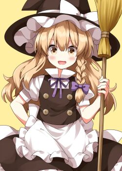Rule 34 | 1girl, :d, apron, black hat, black skirt, black vest, blonde hair, blush, bow, braid, broom, commentary request, cowboy shot, frilled apron, frills, hair bow, hand on own hip, hat, hat bow, highres, holding, holding broom, kirisame marisa, long hair, looking at viewer, neck ribbon, open mouth, purple bow, purple ribbon, ribbon, ruu (tksymkw), shirt, short sleeves, simple background, single braid, skirt, skirt set, smile, solo, touhou, turtleneck, turtleneck shirt, vest, waist apron, white apron, white bow, white shirt, witch hat, yellow background, yellow eyes
