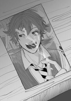 3boys absurdres ace_trappola cu_ma_o cum_on_picture facial_mark hair_between_eyes heart heart_facial_mark highres looking_to_the_side male_focus monochrome multiple_boys night_raven_college_school_uniform photo_(object) pointing school_uniform smile twisted_wonderland vest