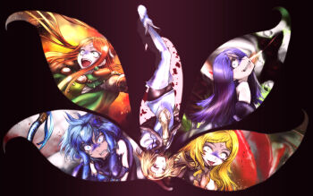 5girls bare_shoulders blonde_hair blue_eyes blue_hair boots breasts cape clenched_teeth constricted_pupils crazy crazy_eyes crazy_smile detached_sleeves drag-on_dragoon drag-on_dragoon_3 dress earrings elbow_gloves five_(drag-on_dragoon) flower four_(drag-on_dragoon) gauntlets gloves green_eyes hairband haku_(grimjin) highres holding_detached_head jewelry long_hair looking_at_viewer mind_break multiple_girls one_(drag-on_dragoon) open_mouth orange_hair pantyhose purple_eyes purple_hair red_eyes saliva short_hair smile tears teeth thighhighs three_(drag-on_dragoon) tongue tongue_out turn_pale twintails two_(drag-on_dragoon)