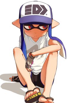 1girl arm_on_knee averting_eyes baseball_cap black_sandals black_shorts blue_hair blue_pupils blush closed_mouth commentary_request corrupted_twitter_file feet fingerless_gloves flat_chest foot_out_of_frame gloves gradient_hair grey_gloves half-closed_eyes hat highres inkling inkling_girl inkling_player_character invisible_chair long_hair looking_to_the_side multicolored_hair nintendo pointy_ears purple_hair purple_hat red_eyes sandals shirt short_sleeves shorts sitting solo splatoon_(series) split_mouth sweat t-shirt tentacle_hair white_background white_shirt zendoundo
