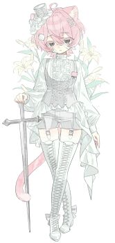 1boy absurdres ahoge androgynous animal_ears artist_request bandaid bandaid_on_face black_eyes boots bow cat_boy cat_ears cat_tail center_frills chinese_commentary colored_eyelashes commentary_request commission contrast corset crossed_legs flower food-themed_hair_ornament footwear_bow frilled_shirt_collar frills full_body gauze gauze_on_cheek grey_corset hair_between_eyes hair_intakes hair_ornament hat high_collar high_heel_boots high_heels highres holding holding_sword holding_weapon lace-up_boots legwear_garter lily_(flower) long_sleeves looking_at_viewer male_focus mini_hat mini_top_hat original ouji_fashion pink_hair ribbon second-party_source shirt short_hair shorts simple_background solo standing strawberry_hair_ornament sword tail thigh_boots thighhighs top_hat watermark watson_cross weapon white_background white_hat white_ribbon white_shirt white_shorts white_theme white_thighhighs x_hair_ornament