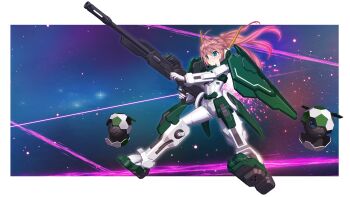 Rule 34 | 1girl, absurdres, artist request, beam rifle, bit (gundam), blue eyes, bodysuit, border, brown hair, cherudim gundam, cherudim gundam (cosplay), closed mouth, cosplay, energy beam, energy gun, gloves, green eyes, gun, high ponytail, highres, hikari riria, holding, holding gun, holding weapon, indie virtual youtuber, long hair, mecha musume, multicolored eyes, outside border, ponytail, solo, space, virtual youtuber, weapon, white bodysuit, white border, white gloves