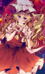 Rule 34 | 1girl, absurdres, ascot, blonde hair, cowboy shot, dress, fant, flandre scarlet, hand up, hat, highres, mob cap, red dress, side ponytail, smile, solo, touhou, wrist cuffs, yellow ascot