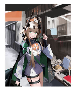 1girl ahoge ambience_synesthesia arknights black_cape blonde_hair cape collared_shirt dragon_horns dress green-tinted_eyewear green_cape green_eyes hashtag-only_commentary holding holding_removed_eyewear horns jacket long_hair looking_at_viewer official_alternate_costume reed_(arknights) reed_(emerald_holiday)_(arknights) s_4ik4 shirt solo sunglasses thigh_strap tinted_eyewear two-tone_cape unworn_eyewear white_dress