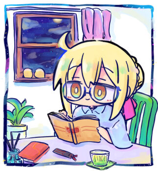 1girl ahoge artoria_pendragon_(fate) blonde_hair blue-framed_eyewear blue_shirt blush braid brown_eyes chair chibi closed_mouth cloud collared_shirt commentary_request curtains fate/grand_order fate_(series) full_moon glasses hair_between_eyes hair_bun indoors kasuga_yuuki long_sleeves moon mysterious_heroine_x_alter_(fate) night on_chair semi-rimless_eyewear shirt sky smile solo star_(sky) starry_sky table under-rim_eyewear wide_sleeves window