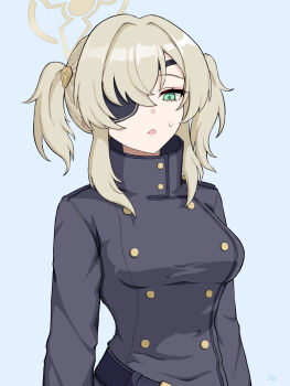 1girl alternate_hairstyle black_coat blonde_hair blue_archive breasts coat eyepatch green_eyes hair_ornament halo highres large_breasts long_sleeves medium_hair sui1116061 suou_(blue_archive) sweatdrop two_side_up