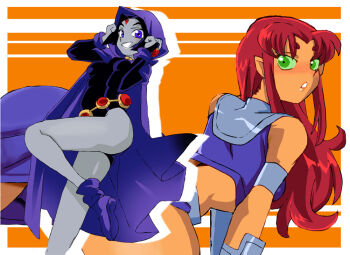 2girls alien armband ass belt bent_over black_leotard blush boots bracer breasts cartoon_network cloak colored_sclera colored_skin dc_comics forehead_jewel from_behind gem gold_belt green_eyes green_sclera grey_skin grin hood hooded_cloak leotard long_hair long_sleeves looking_at_viewer looking_back medium_breasts midriff multiple_girls onnaski orange_skin parted_lips purple_boots purple_cloak purple_eyes purple_hair purple_shirt purple_skirt raven_(dc) red_gem red_hair shirt short_hair sidelocks skirt sleeveless sleeveless_shirt smile standing standing_on_one_leg starfire superhero_costume teen_titans teeth