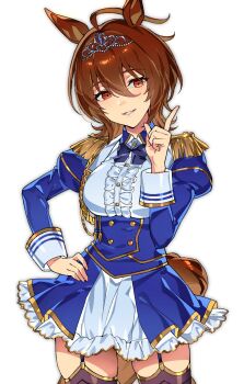 1girl agnes_tachyon_(umamusume) animal_ears brown_hair cosplay crown daiwa_scarlet_(umamusume)_(cosplay) garter_straps highres horse_ears index_finger_raised looking_at_viewer marghe_bita simple_background solo twitter umamusume umamusume:_cinderella_gray white_background