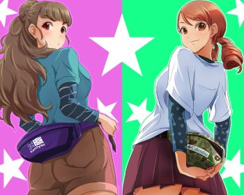 Rule 34 | 10s, 2girls, 71 (nanaichi drafting), blush, brown eyes, brown hair, fanny pack, houjou karen, idolmaster, idolmaster cinderella girls, kamiya nao, long hair, multiple girls, red eyes, smile, star (symbol)