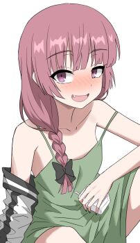 1girl alcohol_carton bare_shoulders black_bow blunt_bangs blush bocchi_the_rock! bow braid braided_ponytail commentary dress drink_carton fang green_dress hair_over_shoulder halulu highres hiroi_kikuri holding jacket long_hair looking_at_viewer off_shoulder open_clothes open_jacket open_mouth pink_hair purple_eyes simple_background single_braid sleeveless sleeveless_dress smile solo strap_slip white_background