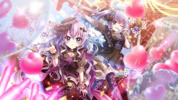 2girls alternate_hairstyle aqua_eyes bent_over black_dress black_hat black_scrunchie black_thighhighs blue_hair blush breasts candy chocolate chocolate_bar concert cross-laced_clothes cross-laced_legwear dot_nose dress dutch_angle film_grain food frilled_dress frills game_cg glowstick grey_wrist_cuffs hair_down hair_ornament hair_scrunchie hand_on_own_knee hand_up happy_valentine hat headset heart high_side_ponytail honjou_kasumi idol idol_clothes izumi_tsubasu knees_together_feet_apart medium_breasts multiple_girls non-web_source official_art open_mouth orange_nails outstretched_arm oversized_food oversized_object parted_lips purple_hair re:stage! screen scrunchie small_breasts sparkle stage thighhighs tilted_headwear tsukisaka_sayu valentine wrist_cuffs zettai_ryouiki