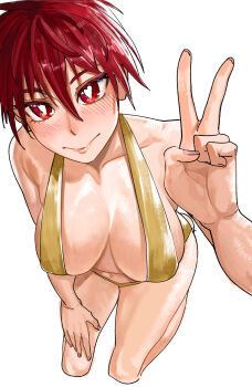 1girl absurdres bare_legs bare_shoulders bikini blush breasts bright_pupils closed_mouth fingernails from_above hair_between_eyes hand_on_own_thigh highres kamisato_sora kneeling large_breasts light_smile lips looking_at_viewer original red_eyes red_hair short_hair simple_background sling_bikini_top swimsuit thighs tomboy v white_background white_pupils
