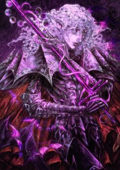 1boy armor bat_(animal) cloak closed_mouth commentary cowboy_shot crilall english_commentary full_armor glowing glowing_sword glowing_weapon hair_between_eyes hand_on_blade highres holding holding_sword holding_weapon lips looking_at_viewer lunacid male_focus moon_phases nose pale_skin pointy_ears purple_armor purple_theme red_cloak sad69kun solo sword wavy_hair weapon white_hair