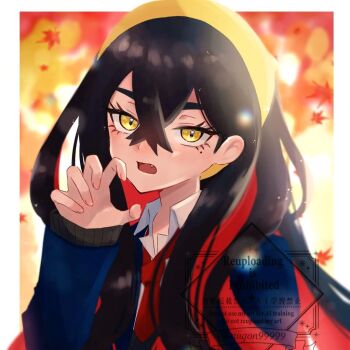 1girl black_hair carmine_(pokemon) colored_inner_hair crossed_bangs eyelashes fang hair_between_eyes hairband long_hair long_sleeves miigon99999 mole mole_under_eye multicolored_hair necktie nintendo open_mouth pokemon pokemon_sv red_hair red_necktie solo two-tone_hair yellow_eyes yellow_hairband