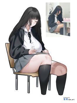 1girl absurdres artist_name black_hair black_ribbon black_socks black_sweater blunt_bangs breasts chair closed_eyes closed_mouth commentary dress_shirt english_commentary grey_skirt highres holding holding_pencil huge_breasts long_hair looking_down nisp_art notebook original pencil photo_inset pleated_skirt puffy_sleeves reference_inset ribbon school_chair school_uniform shirt simple_background sitting skirt socks solo sweater thick_thighs thighs white_background white_shirt writing