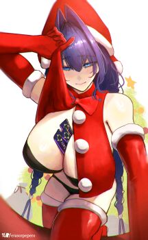 1girl absurdres alternate_costume bikini black_bikini blue_eyes blue_hair blush breast_curtains breasts cleavage closed_mouth dress elbow_gloves erasorpepero fur-trimmed_gloves fur-trimmed_thighhighs fur_trim gloves hat highres hololive hololive_english large_breasts long_hair ouro_kronii ram_(computer) red_dress red_gloves red_hat red_thighhighs santa_hat smile solo swimsuit thighhighs twintails virtual_youtuber
