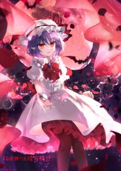 1girl ascot bat_(animal) bat_wings black_pantyhose blue_hair bow bowtie brooch collared_shirt commentary_request falling_petals flower frilled_shirt_collar frilled_skirt frills full_moon hat hat_ribbon jewelry kazu_(muchuukai) mob_cap moon pantyhose petals puffy_short_sleeves puffy_sleeves purple_flower purple_rose red_bow red_bowtie red_eyes red_moon red_petals remilia_scarlet ribbon ribbon-trimmed_collar ribbon_trim rose shirt short_sleeves skirt skirt_set solo touhou translation_request white_hat white_shirt white_skirt wings wrist_cuffs