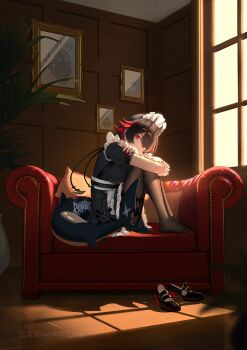 Rule 34 | 1girl, absurdres, black dress, black hair, black pantyhose, blurry, commentary, couch, depth of field, dress, ellen joe, fins, fish tail, highres, hugging own legs, indoors, looking at viewer, maid headdress, no shoes, on couch, pantyhose, picture frame, pillow, puffy short sleeves, puffy sleeves, red eyes, satoko77, shark tail, shoes, short sleeves, sitting, solo, tail, twitter username, unworn shoes, window, zenless zone zero