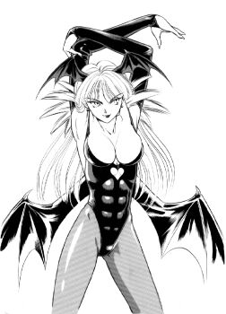 1990s_(style) 1girl arms_up bat_wings breasts bridal_gauntlets cleavage closed_mouth clothing_cutout covered_abs covered_groin cowboy_shot crossed_arms darkstalkers earrings fingernails fur-trimmed_bridal_gauntlets greyscale groin_tendon head_wings heart_cutout highleg highleg_leotard hip_bones jewelry large_breasts legs_apart leotard lineart lipstick long_fingernails long_hair looking_to_the_side makeup monochrome morrigan_aensland pantyhose retro_artstyle revealing_clothes sharp_fingernails simple_background smile solo sphere_earrings standing teiku_(take) tsurime wings