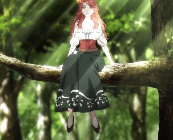 1girl collarbone dress flower hair_flower hair_ornament highres long_hair lucrezia_(unnamed_memory) red_eyes red_hair sitting skirt solo stitched third-party_edit unnamed_memory