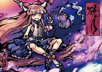 1girl :d alcohol armpits blonde_hair blue_skirt bow chain cherry_blossoms commentary cropped crossed_ankles english_commentary fang full_body gourd hair_bow horn_bow horn_ornament horns ibuki_suika in_tree index_finger_raised knees long_hair okobo one_eye_closed open_mouth pink_eyes platform_sandals purple_sky red_bow rotated sake sandals second-party_source shirt sidelocks sitting sitting_in_tree skin_fang skirt sky sleeveless sleeveless_shirt smile socks solo spilling sunset third-party_edit tokiame touhou touhou_danmaku_kagura tree very_long_hair water white_shirt white_socks