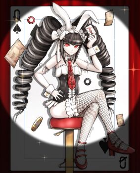 Rule 34 | 1girl, alternate costume, animal ears, black hair, black leotard, black nails, bow, card, celestia ludenberg, closed mouth, collar, commentary, danganronpa: trigger happy havoc, danganronpa (series), detached collar, drill hair, english commentary, eyelashes, fishnet thighhighs, fishnets, fukuzawa yukichi, full body, hand on own hip, high heels, highres, holding, holding card, joker (playing card), leotard, money, nail polish, necktie, official alternate costume, on stool, pale skin, playboy bunny, playing card, poker chip, queen (playing card), queen of spades (playing card), rabbit ears, rancorart, red eyes, red necktie, red shoes, shoes, sitting, smile, solo, sparkle, spotlight, stool, thighhighs, white bow, white collar, white wrist cuffs, wrist cuffs