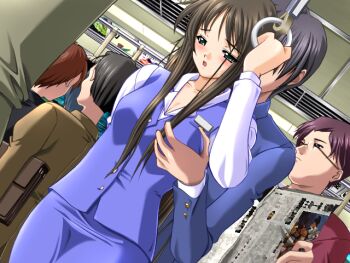 Rule 34 | 1boy, 1girl, 2000s (style), black hair, blue skirt, blue suit, blue vest, blush, breasts, chikan, cleavage, collarbone, cowboy shot, crowded, dutch angle, faceless, formal clothes, game cg, grabbing another's breast, grabbing from behind, green eyes, groping, half-closed eyes, hand grip, hand up, holding hand grip, kawahara emi, long hair, long sidelocks, long sleeves, looking down, m&amp;m (mickey and mackey), medium breasts, molestation, name tag, open mouth, pencil skirt, public indecency, saishu chikan densha (series), saishuu chikan densha, scarf, sexual harassment, shirt, short hair, sidelocks, skirt, standing, suit, sweat, third-party source, train interior, variant set, vest, white shirt