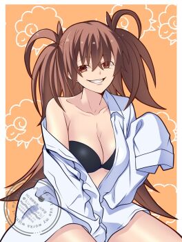 1girl black_bra border bra breasts brown_eyes brown_hair dr._arach hirakawa large_breasts long_hair open_clothes open_shirt parted_lips shirt simple_background sitting smirk solo tsukihime tsukihime_(remake) twintails underwear watermark white_border white_shirt