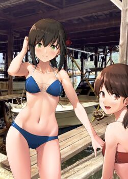Rule 34 | 2girls, :d, bare arms, bare legs, bare shoulders, bikini, blue bikini, blush, breasts, brown eyes, brown hair, closed mouth, collarbone, commentary request, eighth note, fubuki (kancolle), green eyes, groin, hair between eyes, highres, ichikawa feesu, kantai collection, looking at viewer, multiple girls, musical note, navel, open mouth, photo background, ponytail, red bikini, revision, shirayuki (kancolle), short hair, short ponytail, short twintails, small breasts, smile, stomach, swimsuit, teeth, twintails, upper teeth only