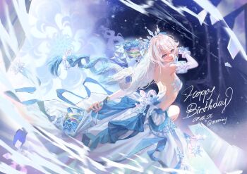 Rule 34 | 1girl, aennimy, bare shoulders, blue eyes, breasts, commentary, dated, detached sleeves, from side, happy birthday, highres, honkai (series), honkai impact 3rd, kiana kaslana, kiana kaslana (ba-dum! fiery wishing star), kiana kaslana (wintery wishes), long hair, medium breasts, official alternate costume, sideless dress, smile, snow, solo, symbol-only commentary, tiara, twitter username, very long hair, white hair