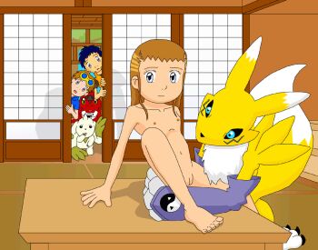 2boys bestiality blue_hair digimon digimon_tamers furry guilmon light_smile makino_ruki matsuda_takato multiple_boys renamon